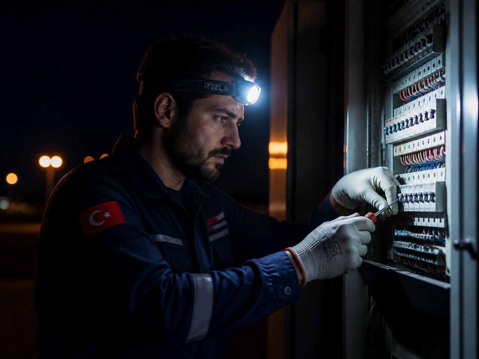 Gece elektrik panosunda çalışan elektrik ustası